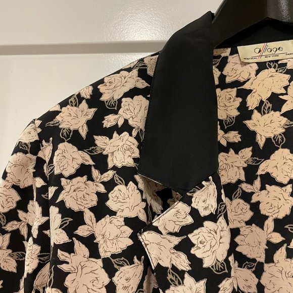 VINTAGE Black Cream Floral Print Shoulder Pad Jacket Blouse Large - Picture 9 of 15